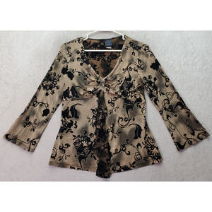 JTB Blouse Top Womens Medium Multicolor Paisley Ruched Ruffle Long Sleeve V Neck